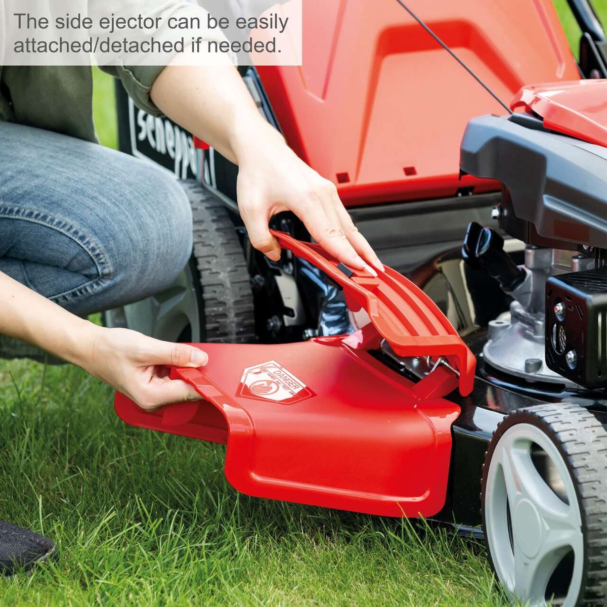 The side ejector can be easily attached/detached if needed. The petrol lawnmower MS173-51 SE by Scheppach has a cutting width of 510 mm and a 65-litre grass bag.