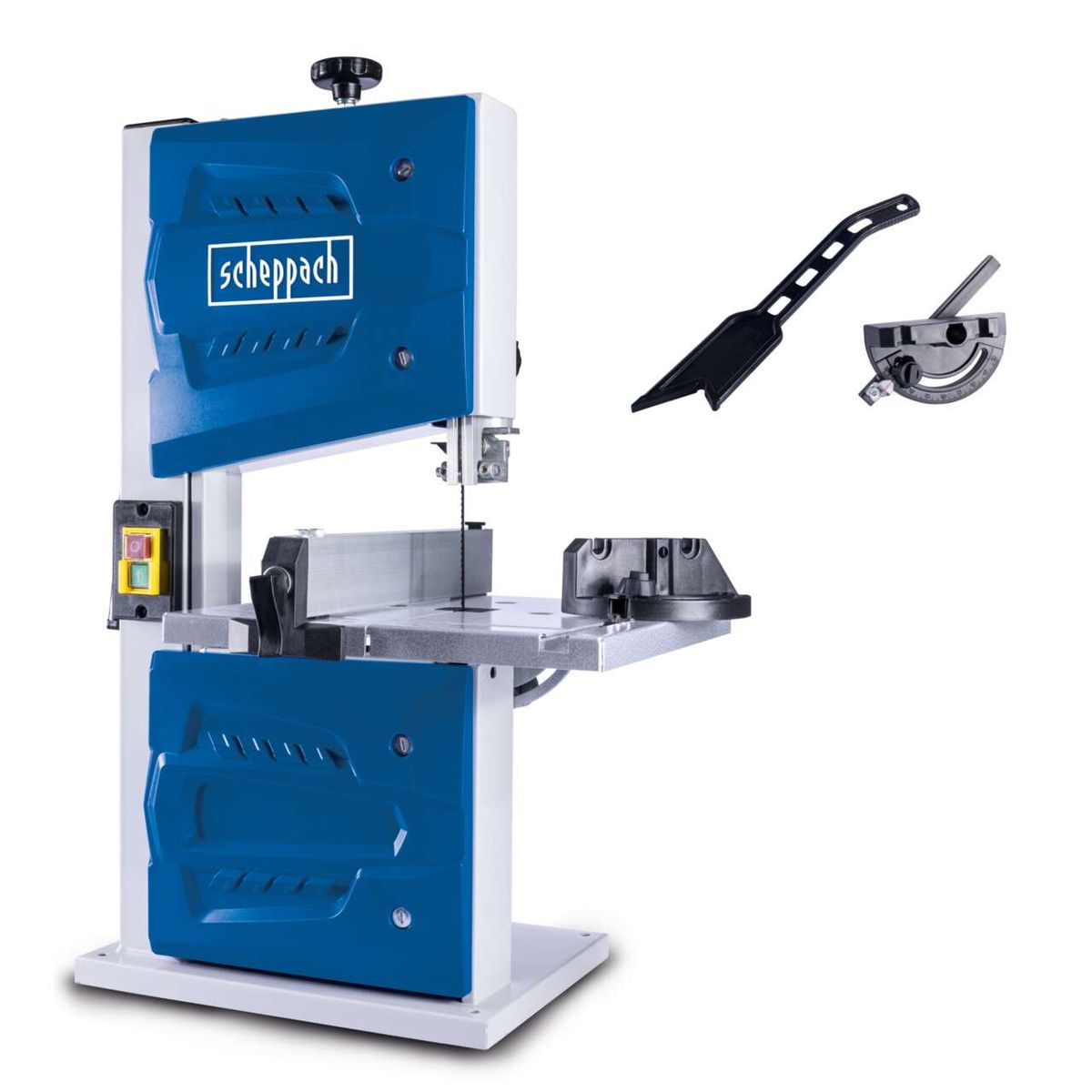 Scheppach Bandsaw HBS25 with adjustable tilting table and mitre gauge. Includes accessories such as saw blade and mitre gauge.
