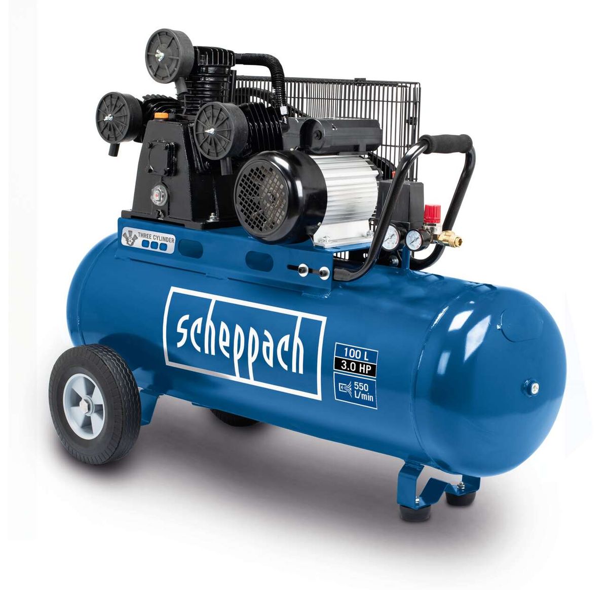 Scheppach Kompressor HC550TC, 100L, 3,0 HP, 550 l/min, seitliche Ansicht.