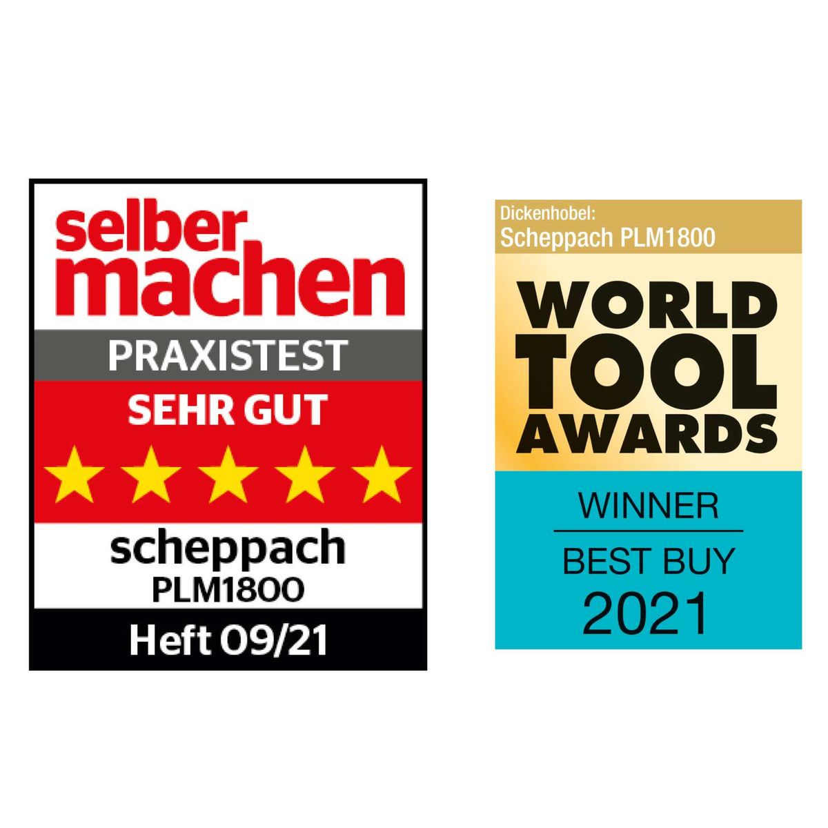 Werbebilder für Scheppach-Dickenhobelmaschine PLM1800 mit Auszeichnungen: 'Praxistest sehr gut' und 'Beste Kaufempfehlung 2021'