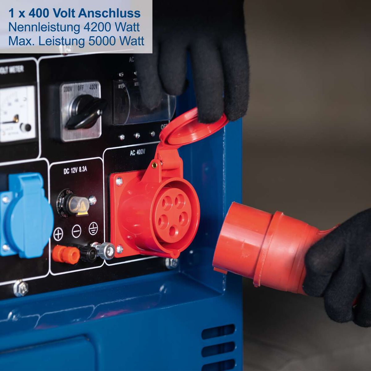 Diesel-Stromerzeuger mit 400-V-Anschluss, Nennleistung 4200 Watt, Maximalleistung 5000 Watt