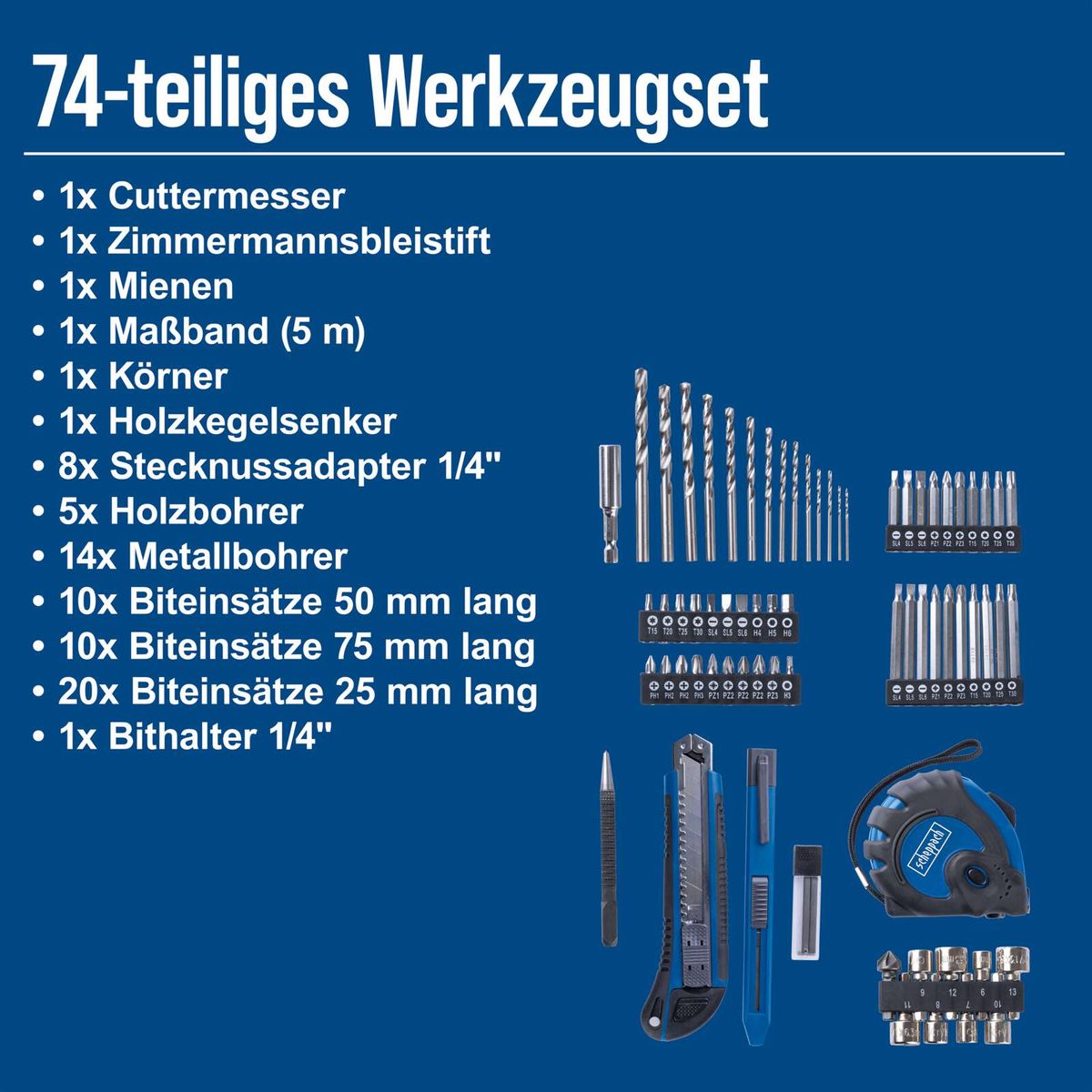 74-stückiges Werkzeugset mit Messern, Bohrer, Schraubenzieher und Werkzeugzubehör für Holz- und Metallarbeiten