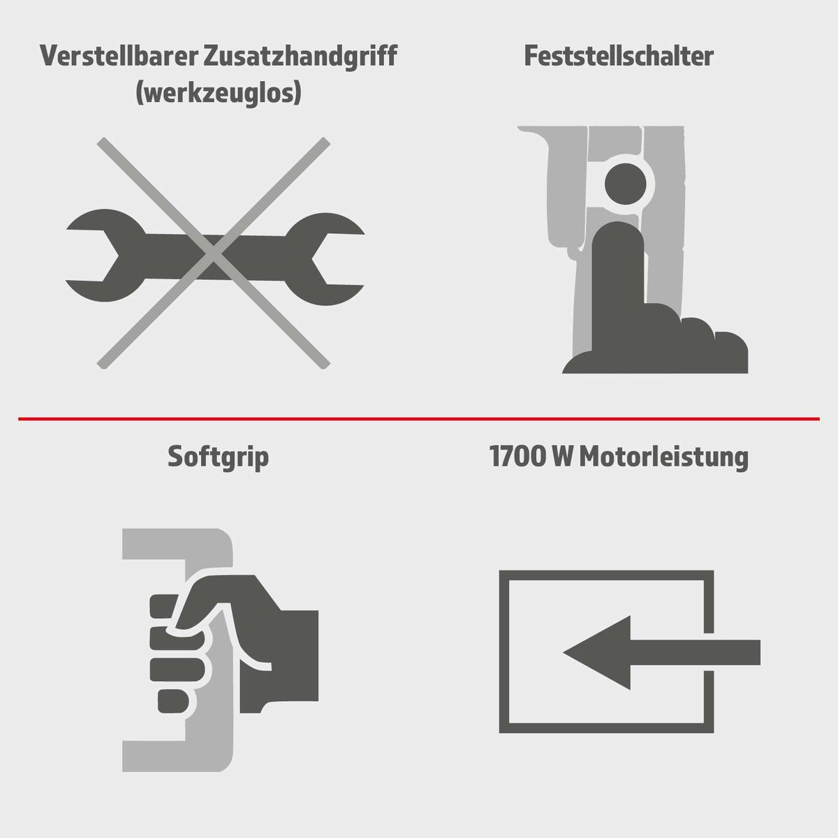 Der Elektro-Abbruchhammer AB2000 Herkules hat einen verstellbaren Zusatzhandgriff ohne Werkzeug, einen Feststellschalter, einen Softgrip und eine Motorleistung von 1700 W.