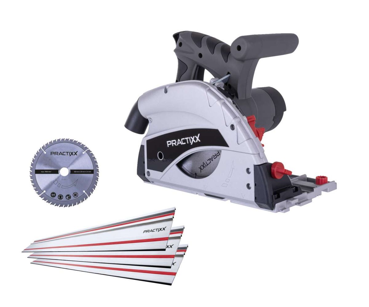 Tauchsäge PX-TS-55 Practixx von Scheppach mit Sägeblatt und Schienen. Die Tauchsäge ist von der Seite zu sehen.