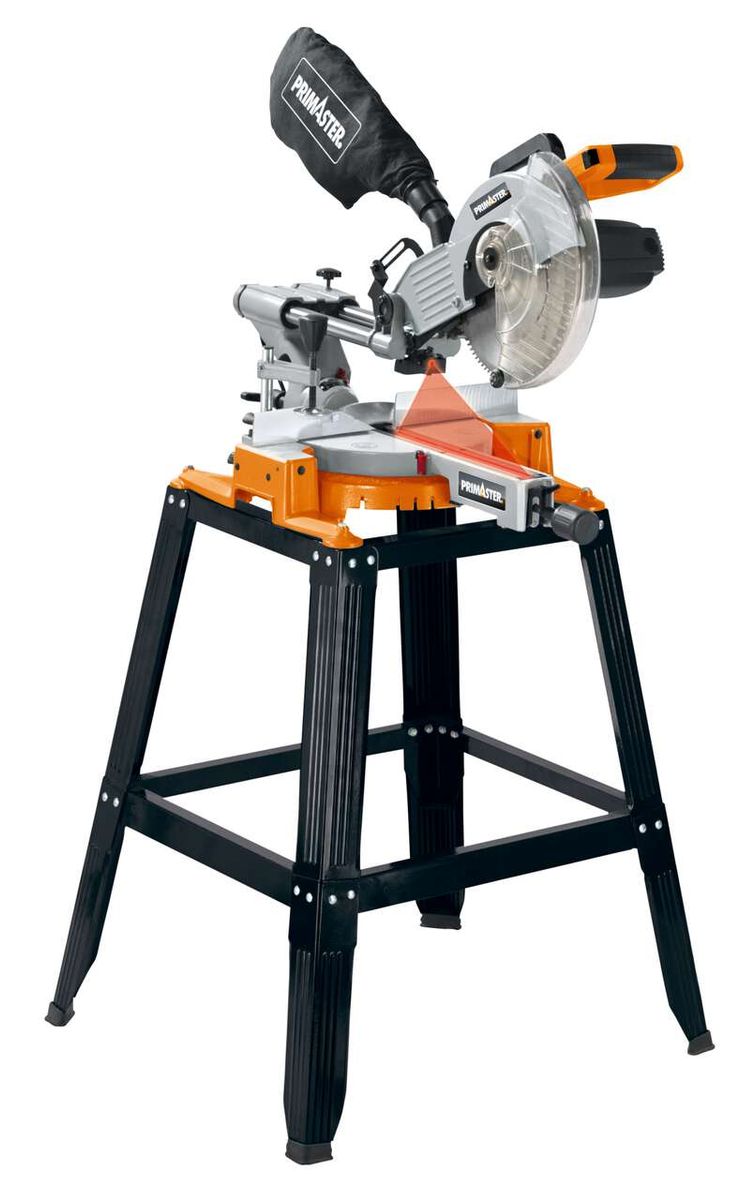 Kappzugsäge HM100LU von Primaster, gezeigt von der Seite auf einem Ständer.