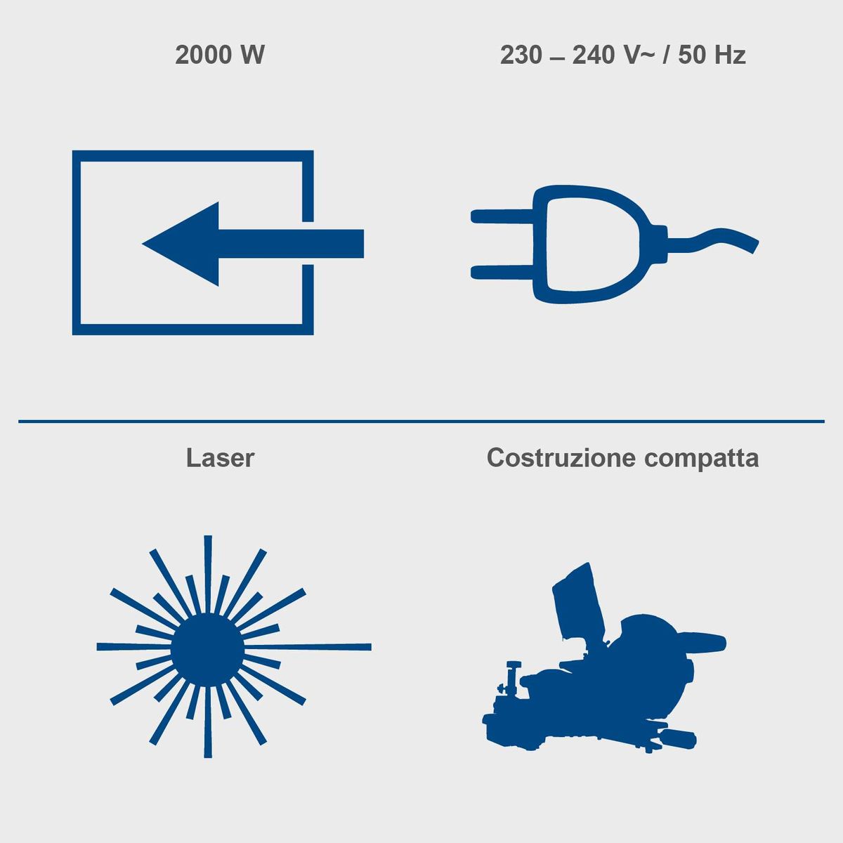 Kappzugsäge mit 2000W Leistung, 230-240V Spannung, Laserführung und kompakter Bauweise.