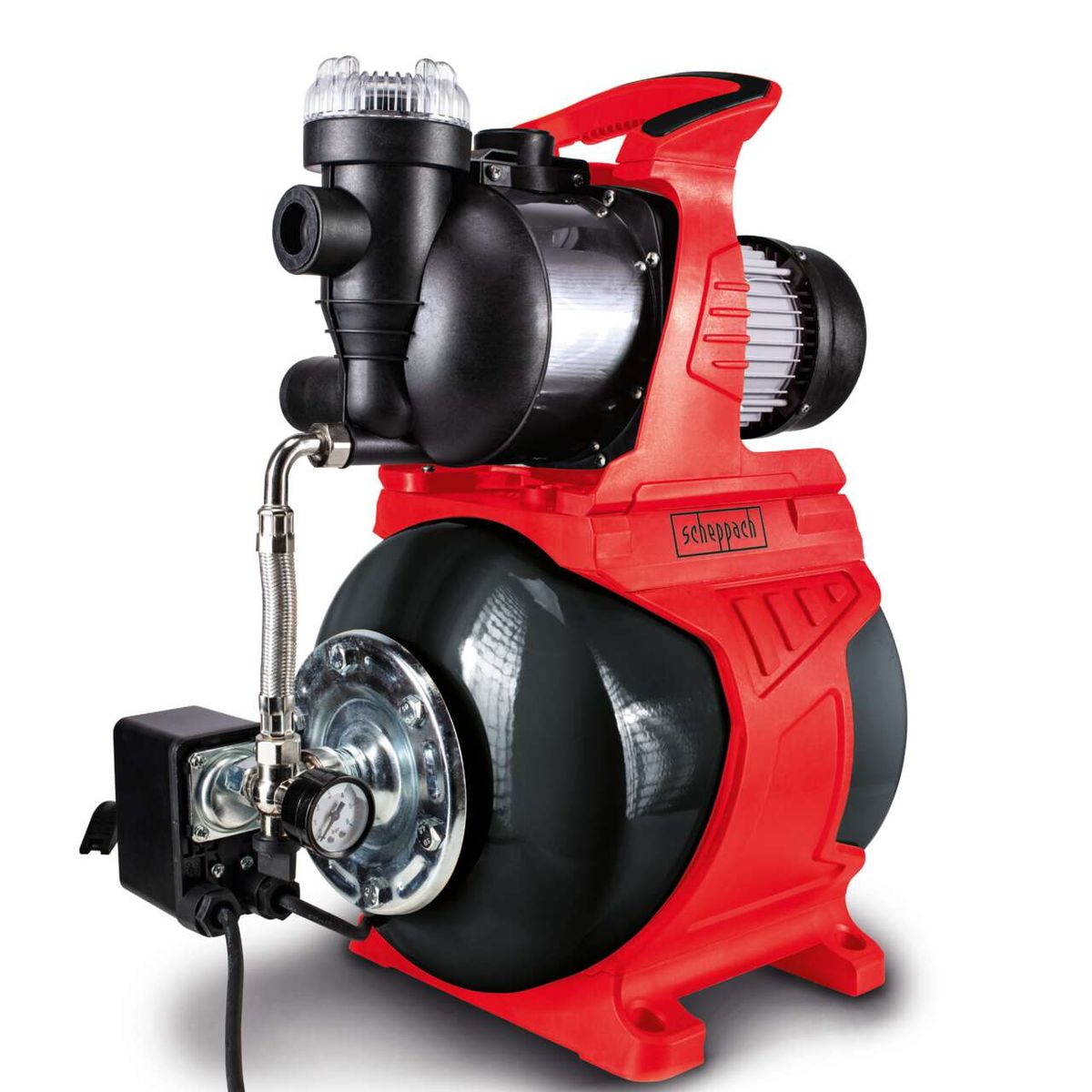 Hauswasserwerk HWW1000 von Scheppach mit 1000W Leistung, 4300 L/h Fördermenge, 19L Tank, 4,4 bar Förderdruck und 44m Förderhöhe. Gezeigt von der Seite mit Blick auf den Motor und die Pumpeinheit.