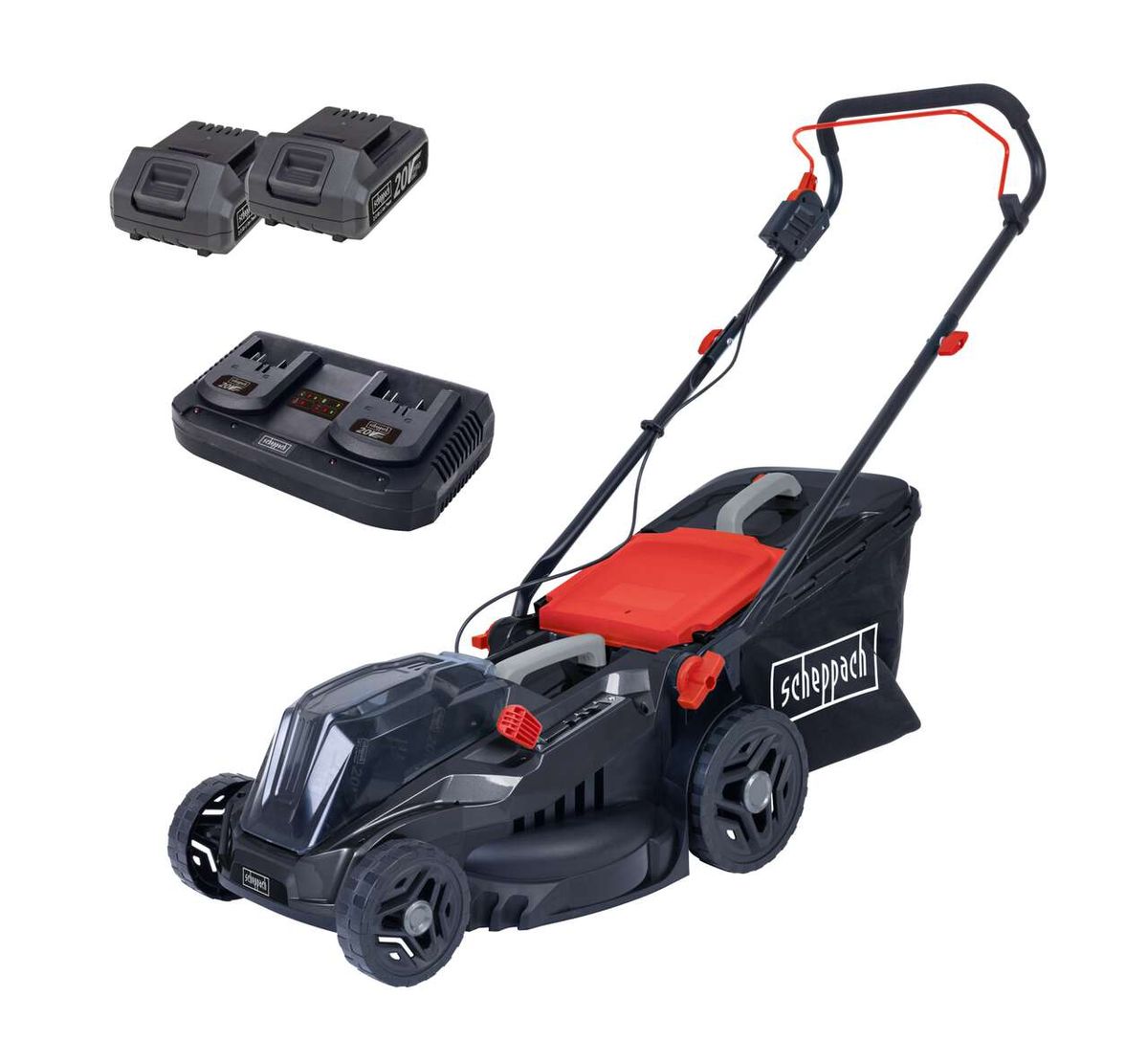 Akku-Rasenmäher BMP380-ProS von Scheppach mit Ladegerät und Akkus. Der Rasenmäher ist von vorne gezeigt.