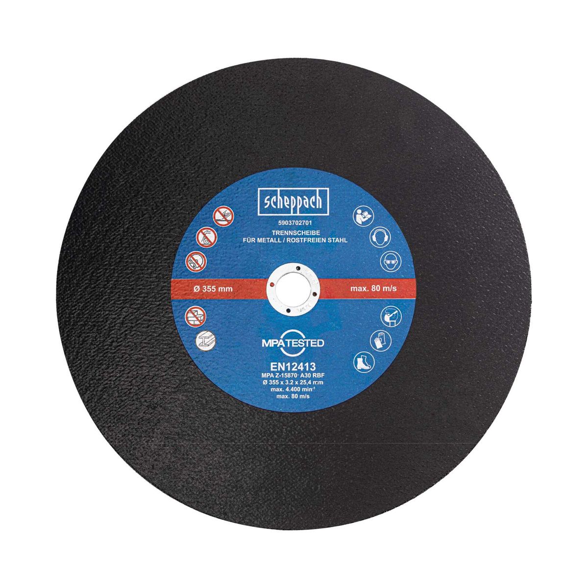 Scheppach-Metallschleifscheibe mit 355 mm Durchmesser, max. 80 m/s, EN12413-zertifiziert