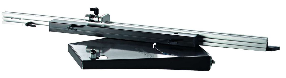 Solo-Quertisch für Forsa, seitliche Ansicht, Metallrahmen mit schwarzem Tischblatt und verstellbaren Schrauben.