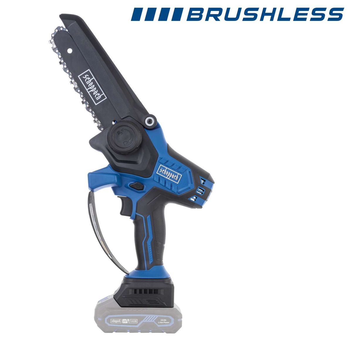 Brushless-Akkugehölzschneider mit 150 mm Schnittlänge und 6 Zoll Schwertlänge von Scheppach