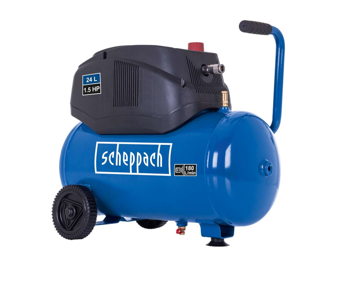 Kompressor GK240ofx Scheppach, 24 Liter, 1,5 PS, 180 Liter pro Minute, von vorne.