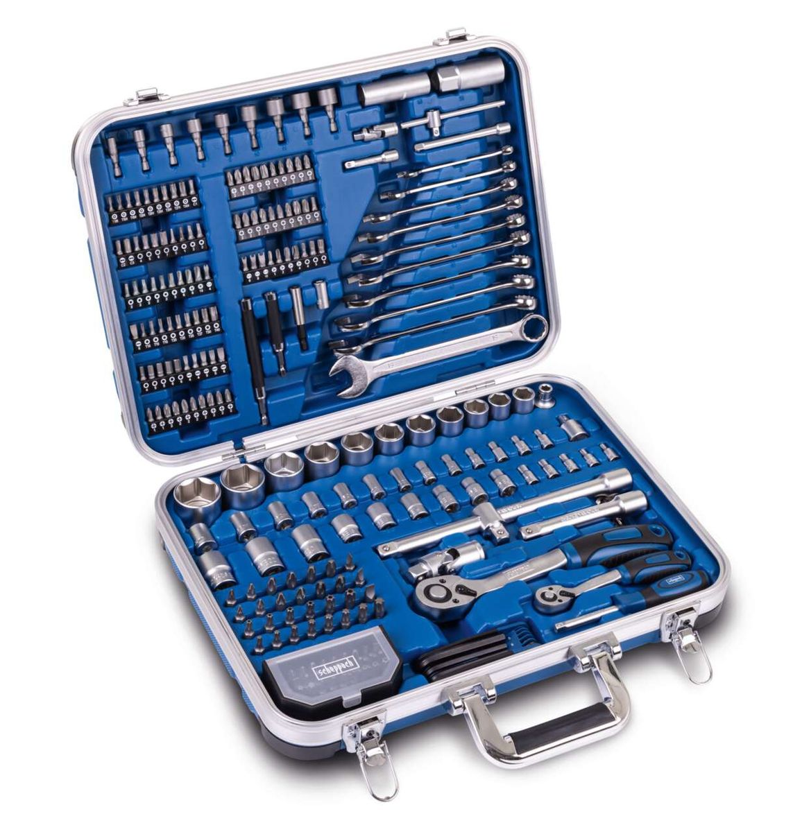 Werkzeugkoffer TB235 von Scheppach mit 233 Teilen. Enthält verschiedene Schraubenschlüssel, Stecknüsse, Bits und Zangen. Alles in einem stabilen ABS-Kunststoffkoffer.