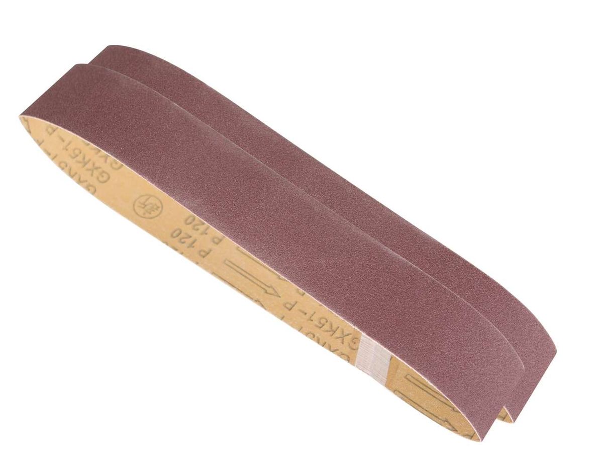 Scheppach Schleifband Set, 1x K80 und K120, 25x762 mm, von der Seite gezeigt.