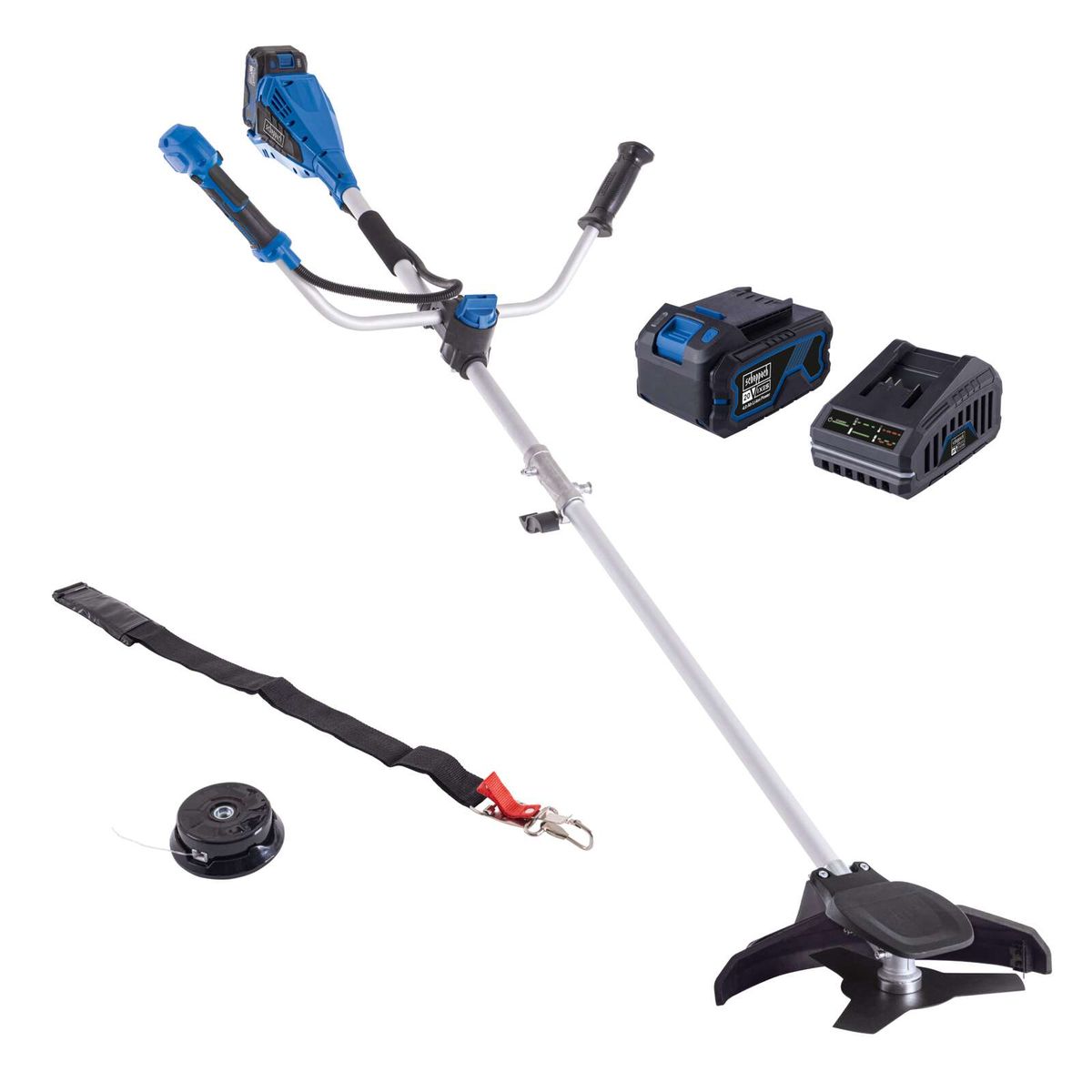 Scheppach 762608: 2x 18V Akku, 2x Ladegerät, Teleskopstiel, 2x Handgriff, 2x Messer, Schultergurt, Spule mit Faden. Artikelnummer: 5910906400.