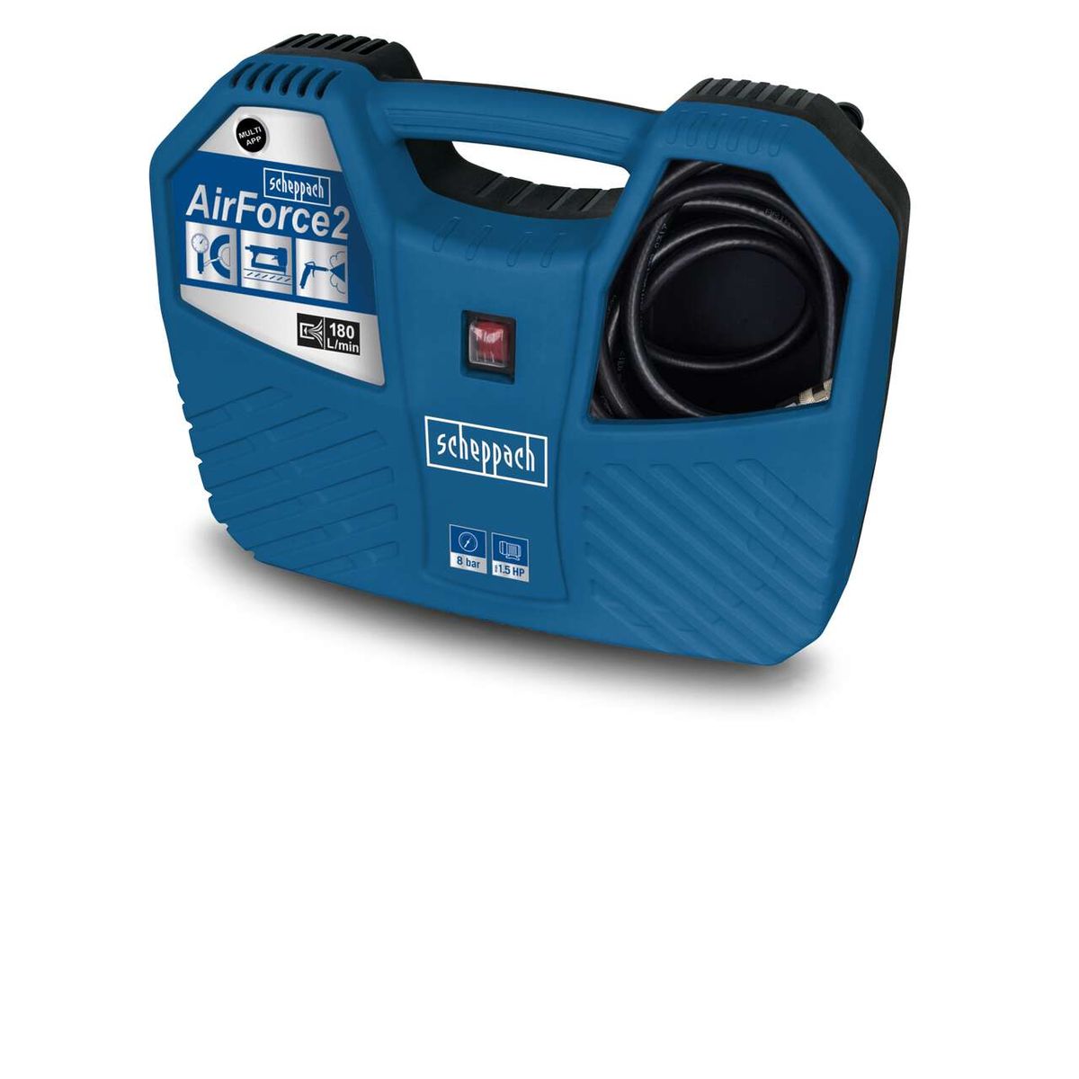 Mobiler Kompressor Air Force2 von Scheppach, Ansicht von vorne.