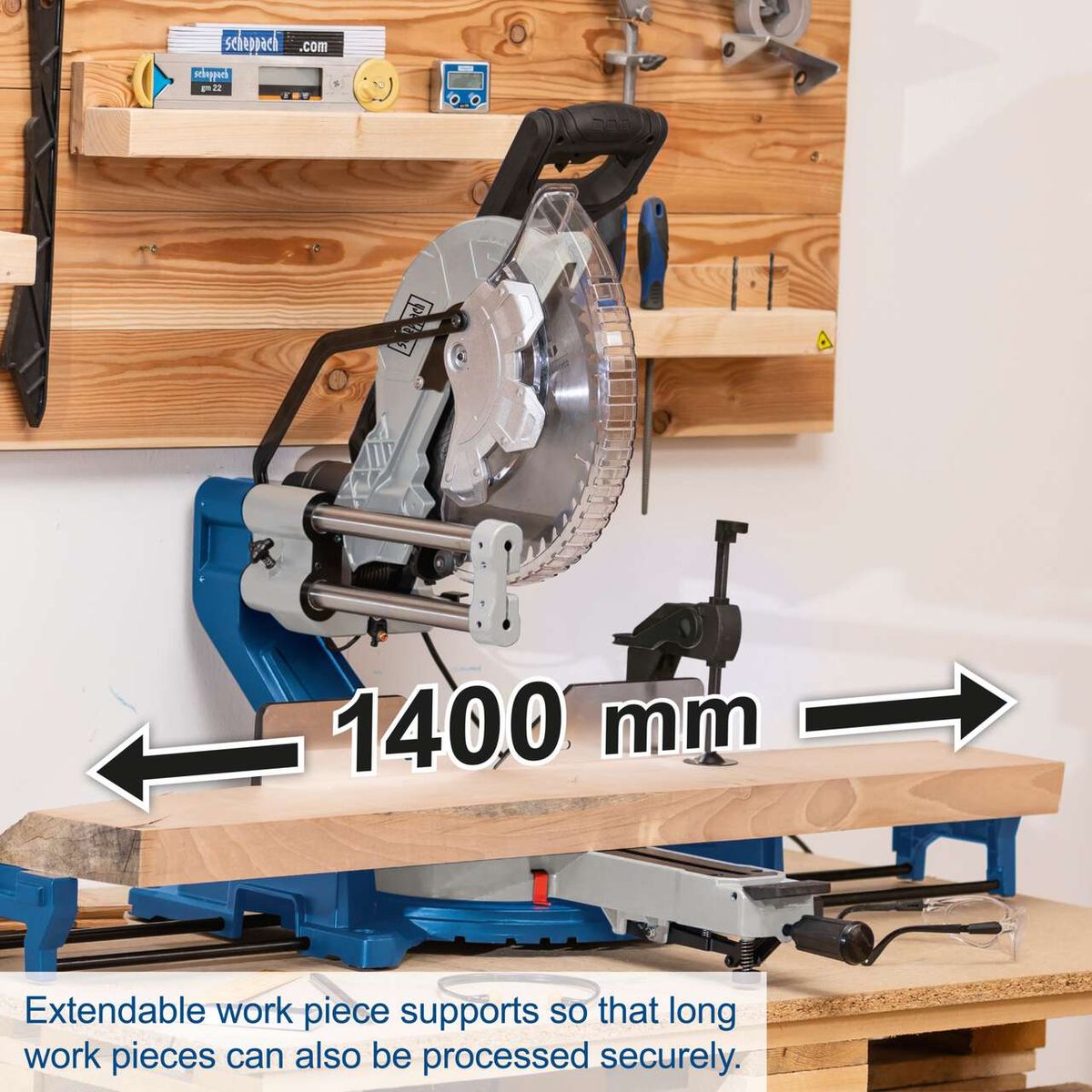 Scheppach sliding mitre saw with extendable work piece supports for long pieces up to 1400 mm