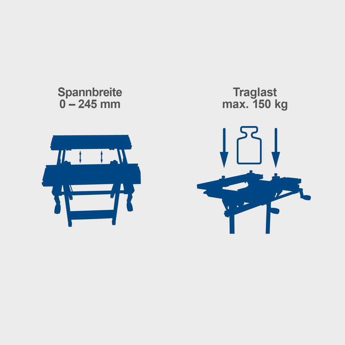 Werkbank mit Spannbreite von 0 bis 245 mm und Traglast von maximal 150 kg