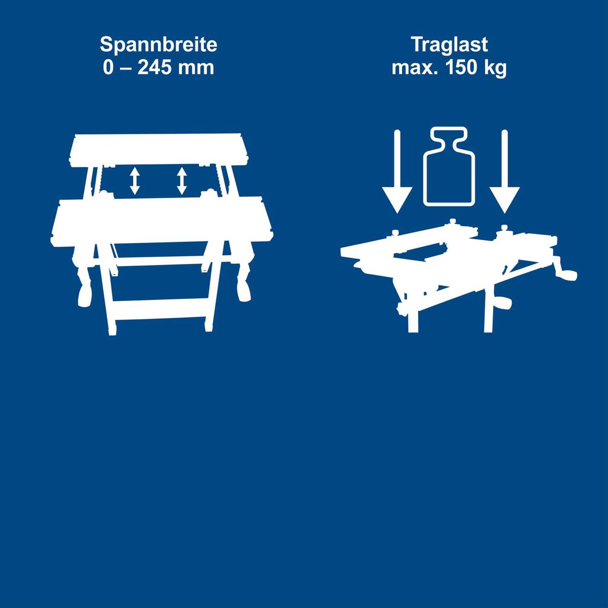 Werkbank mit Spannbreite von 0 bis 245 mm und Traglast von maximal 150 kg