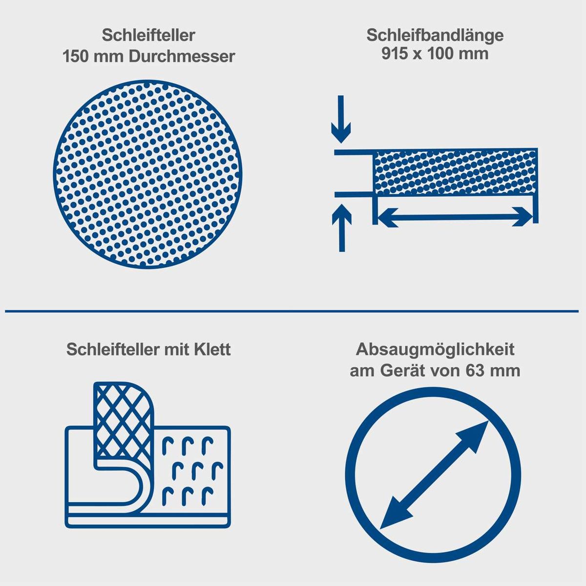 Der Band- und Tellerschleifer BTS800 hat einen Schleifteller mit 150 mm Durchmesser, eine Schleifbandlänge von 915 x 100 mm, einen Schleifteller mit Klettverschluss und eine Absaugmöglichkeit am Gerät von 63 mm.