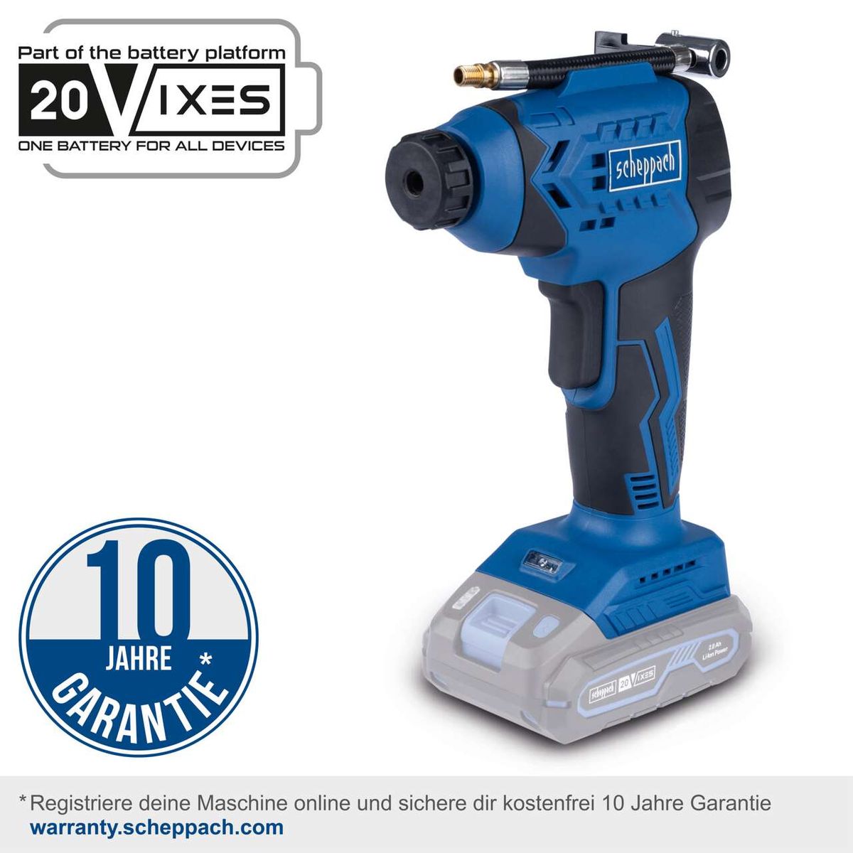 Der Akku-Handkompressor C-AC20-X-Set-S von Scheppach bietet 10 Jahre Garantie bei Online-Registrierung. Teil des 20V IXES Akkusystems für alle Geräte. Ein Akku für alle Geräte.