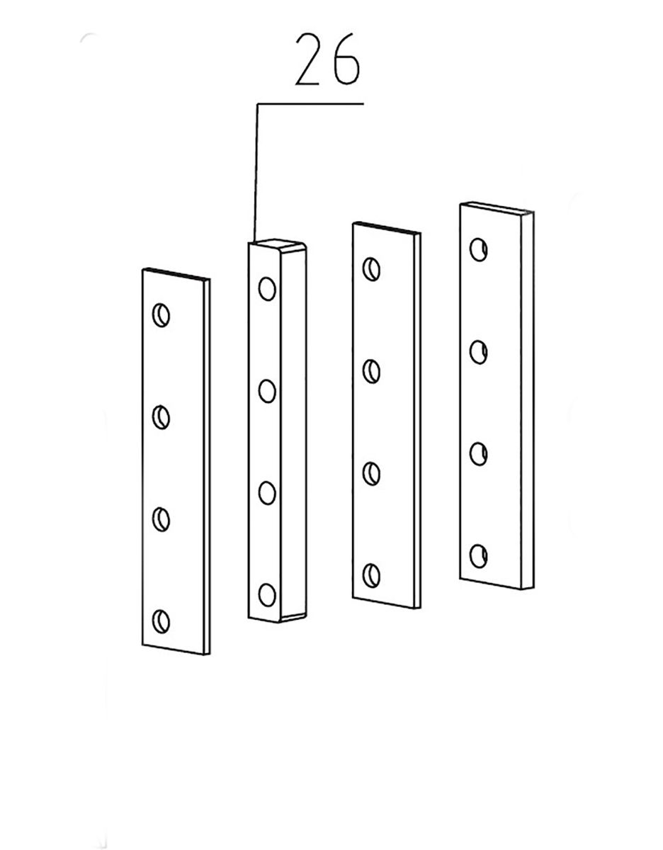 Distanzplatte Spaltmesser, vier verschiedene Ansichten des Werkzeugs, Vorder-, Rück- und Seitenansicht.