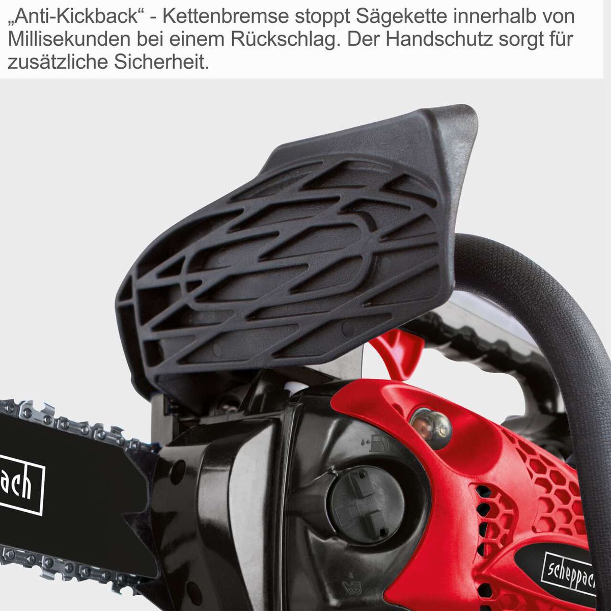 Die Scheppach Kettensäge CSP2540 verfügt über eine Anti-Kickback-Kettenbremse, die die Sägekette bei einem Rückschlag innerhalb von Millisekunden stoppt. Der Handschutz sorgt für zusätzliche Sicherheit.