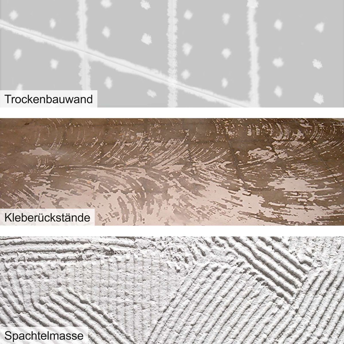 Trockenbauwand und Kleberückstände auf der Schleiffläche zeigen, dass die Oberfläche vorbereitet wurde