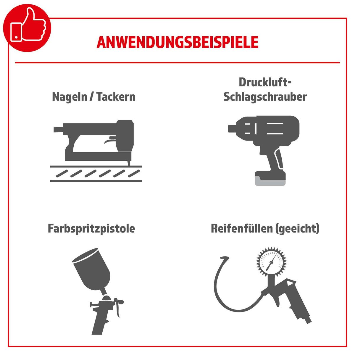Das Bild zeigt Anwendungsbeispiele für Scheppach-Werkzeuge: Nageln/Tackern, Druckluft-Schlagschrauber, Farbspritzpistole und Reifenfüllen (geeicht).