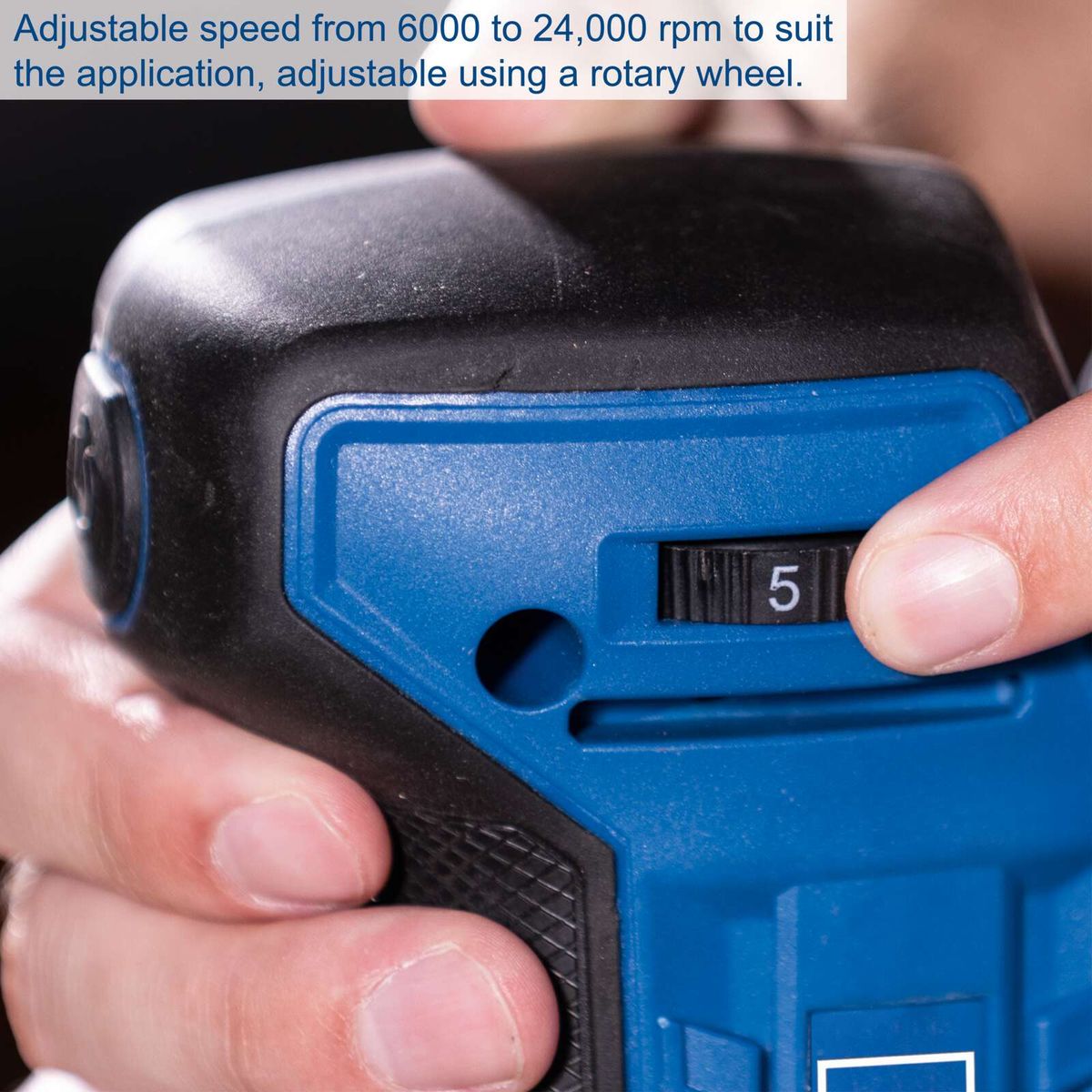 The Scheppach Cordless Orbital Sander C-OBS125-X has an adjustable speed from 6000 to 24,000 rpm. The speed can be adjusted with a rotary wheel.