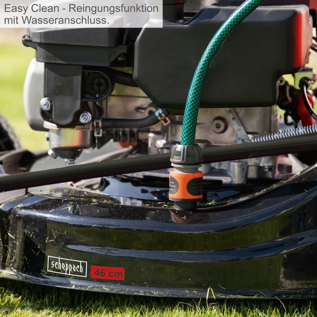 Der Scheppach Rasenmäher MS150-46E mit Easy Clean-Reinigungsfunktion über Wasseranschluss. Schneidbreite 46 cm.