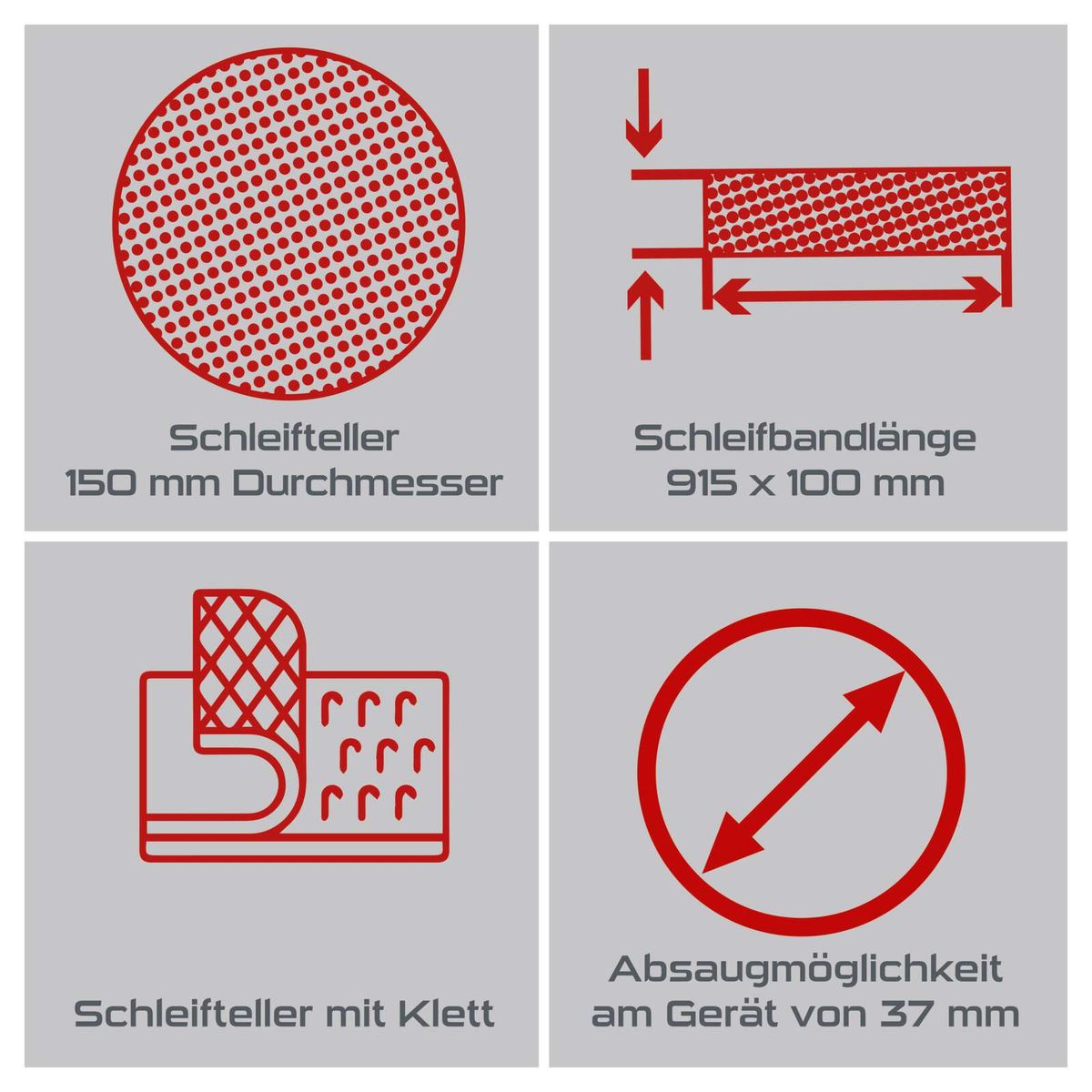 Wichtige Merkmale des Band- und Tellerschleifers: Schleifscheibe mit 150 mm Durchmesser und Schleifbandlänge von 915 x 100 mm; Schleifscheibe mit Klettbefestigung; Absaugmöglichkeit mit 37 mm Durchmesser am Gerät