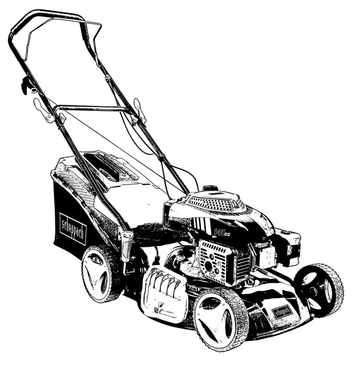 Scheppach Rasenmäher MP141-46, 141cc Motor, seitliche Ansicht.