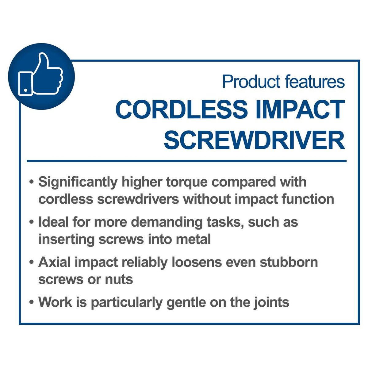 Cordless impact screwdriver with higher torque and axial impact for demanding tasks