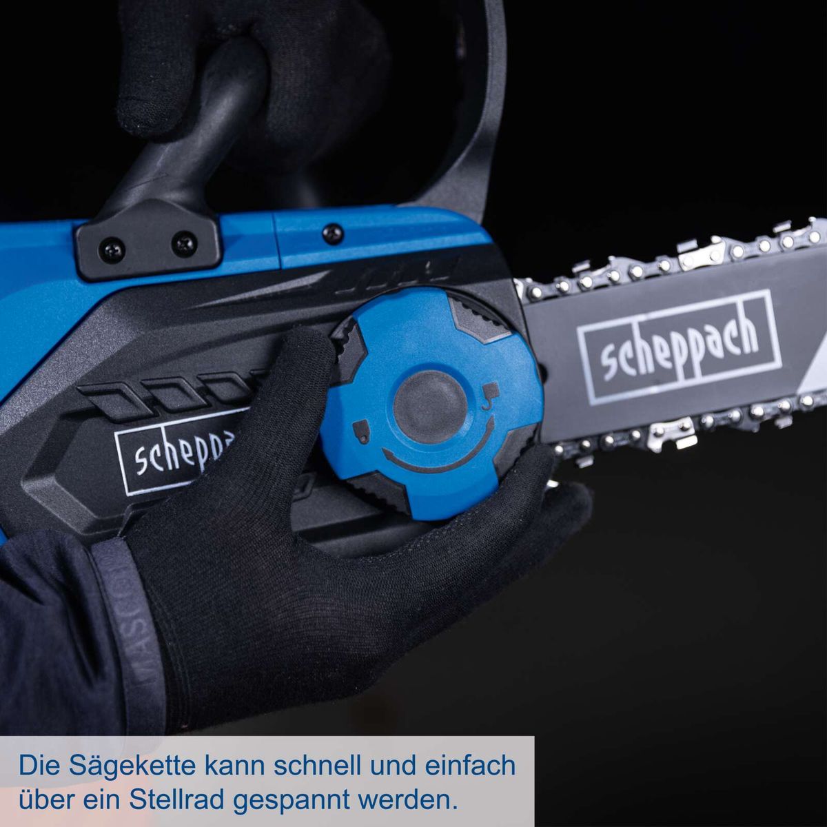 Scheppach-Sägekettenspannsystem mit Schnellspannung über Stellrad
