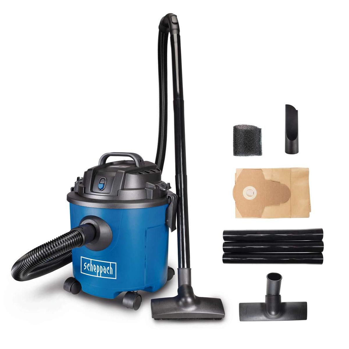 Nass- und Trockensauger NTS16 Scheppach mit 1200W Leistung, 16L Tank, 20kPa Saugkraft und 4,3kg Gewicht. Inklusive 3m Kabel und 1,8m Saugschlauch. Mit Zubehör wie Filter, Düsen und Aufsatz.