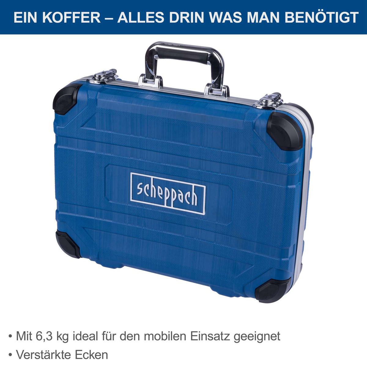 Werkzeugkoffer von Scheppach mit 6,3 kg Gewicht, ideal für mobilen Einsatz, mit verstärkten Ecken und Rollen