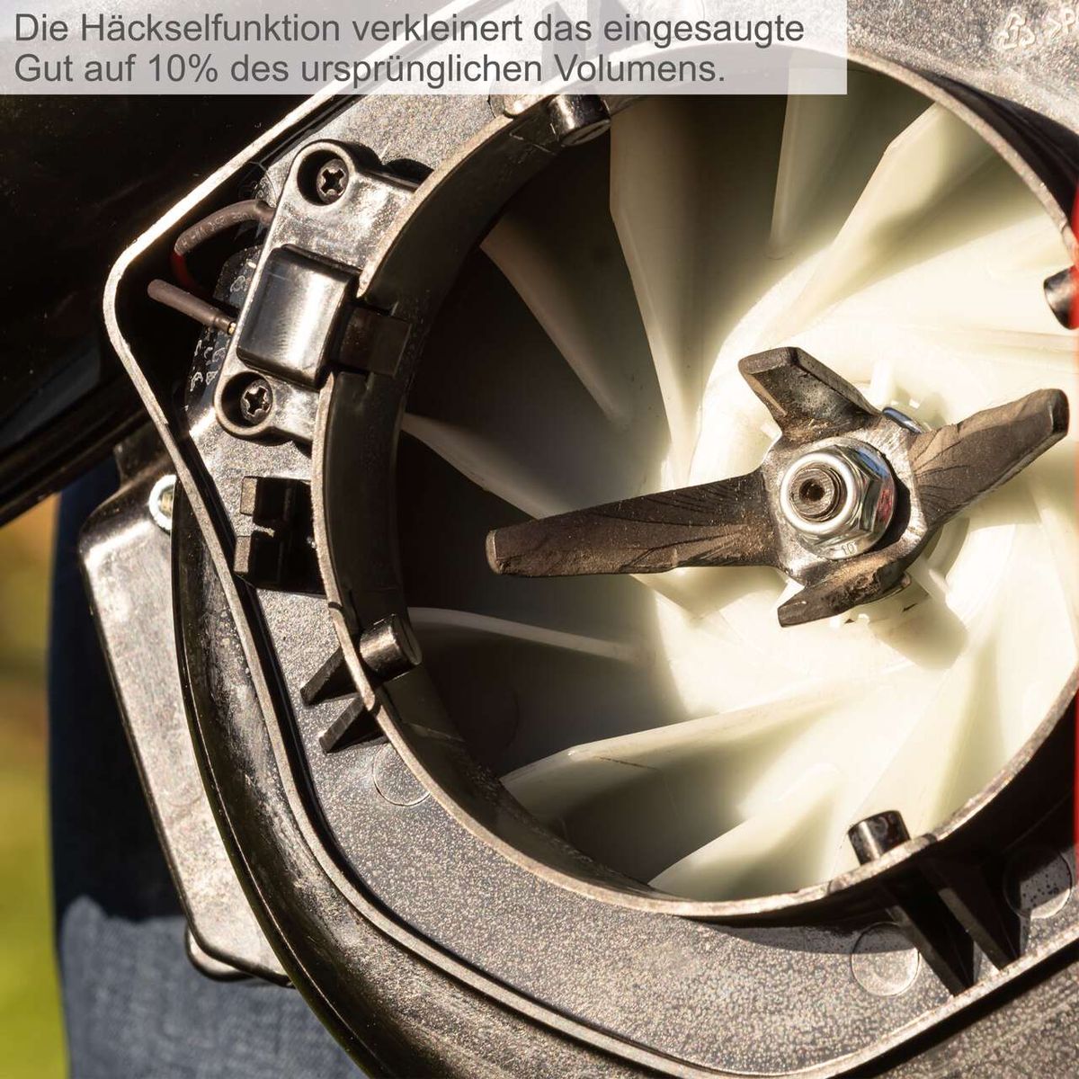 Die Häckselfunktion des Laubsaugers und -bläsers LBH2600P von Scheppach verkleinert das eingesaugte Gut auf 10% des ursprünglichen Volumens.