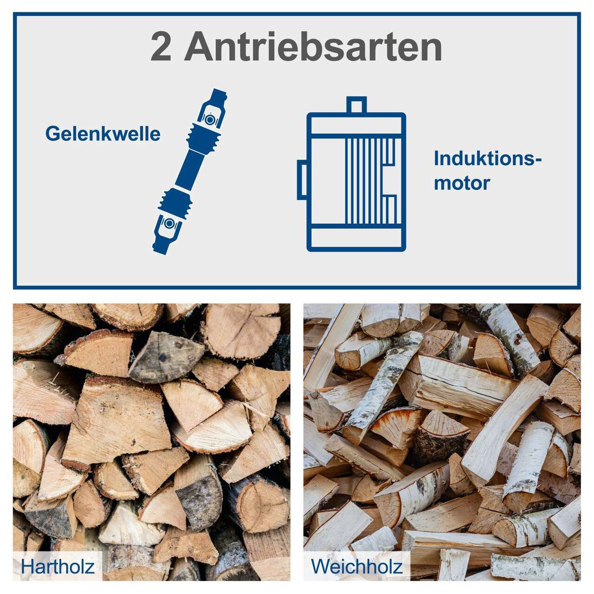 Der Meterholzspalter HL3000GM von Scheppach bietet zwei Antriebsarten: Gelenkwelle und Induktionsmotor. Geeignet für Hartholz und Weichholz.