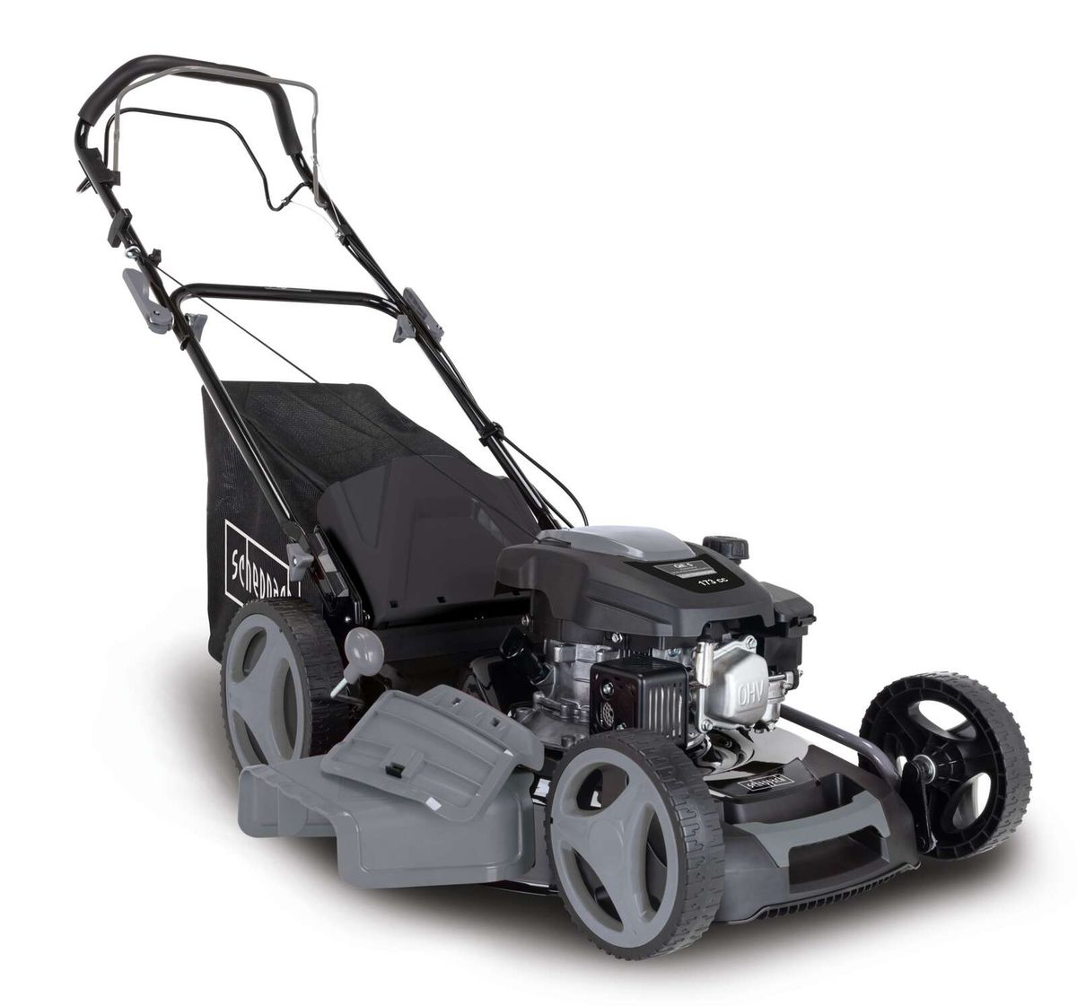 Benzin-Rasenmäher MS-173-51B Scheppach Black, seitliche Ansicht, mit schwarzem Sammelbehälter und grauen Rädern.