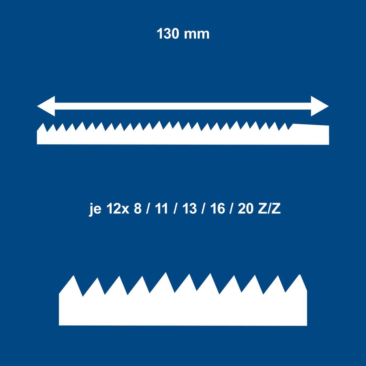 Universal-Dekupiersägeblatt mit 130 mm Breite, verschiedene Zahnstärken (8, 11, 13, 16, 20 Zähne)