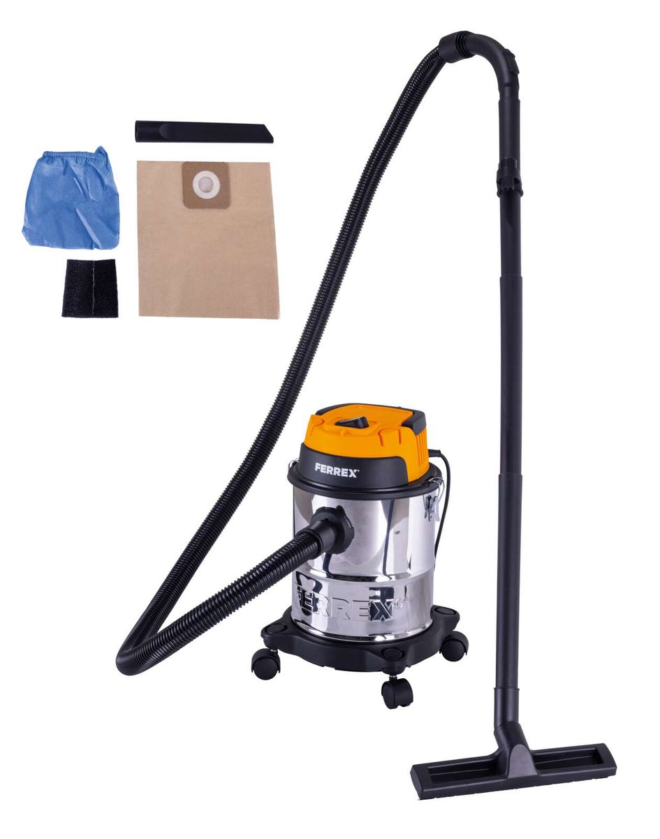 Elektro-Nass-/Trockensauger F-WDV12 Ferrex Deutschland mit Zubehör, Ansicht von der Seite.