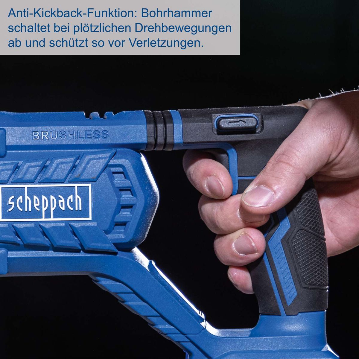 Anti-Kickback-Funktion eines Akku-Bohrhammers mit Sicherheitsmechanismus gegen plötzliche Drehbewegungen