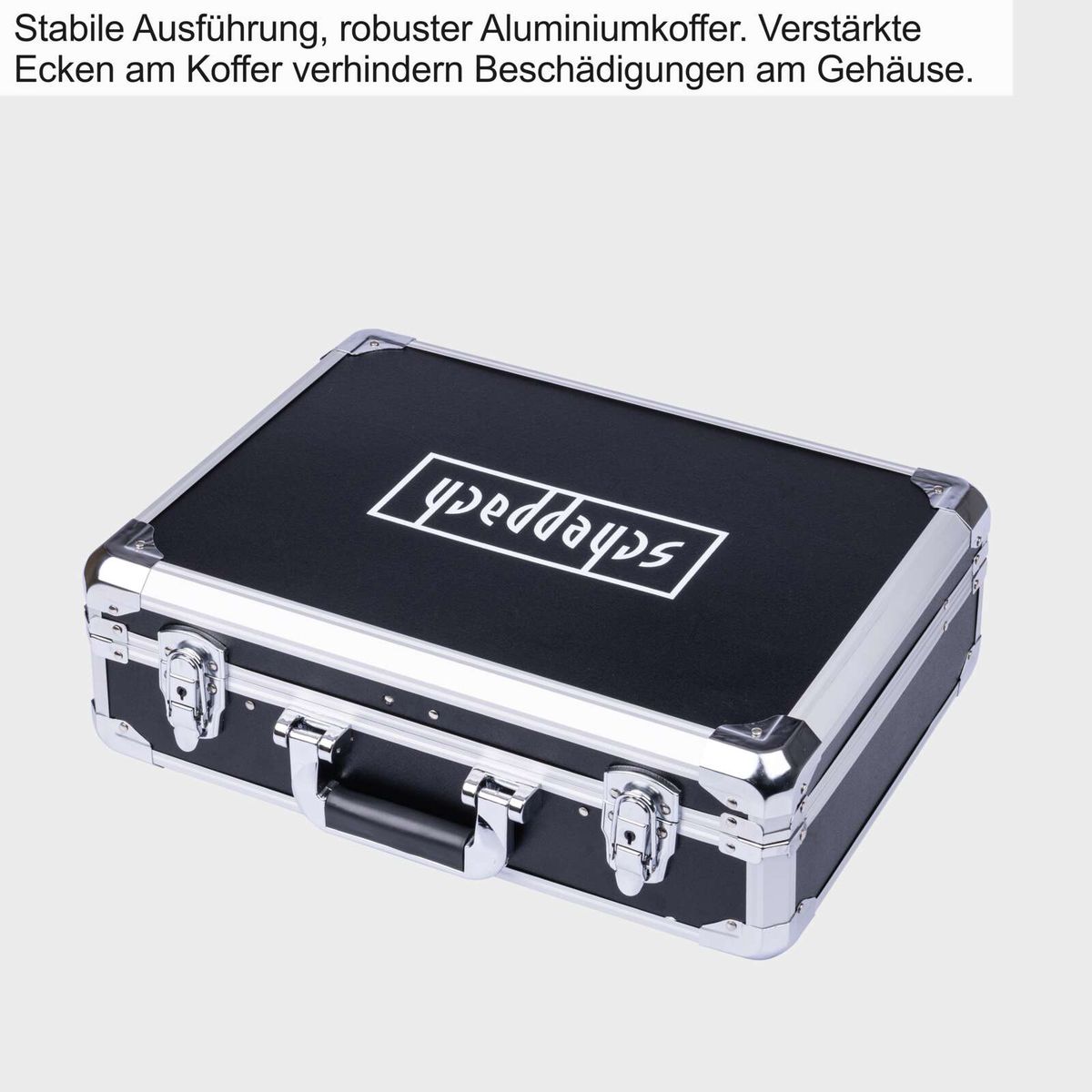 Stabiler Aluminiumkoffer mit verstärkten Ecken für erhöhte Haltbarkeit und Schutz des Gehäuses.