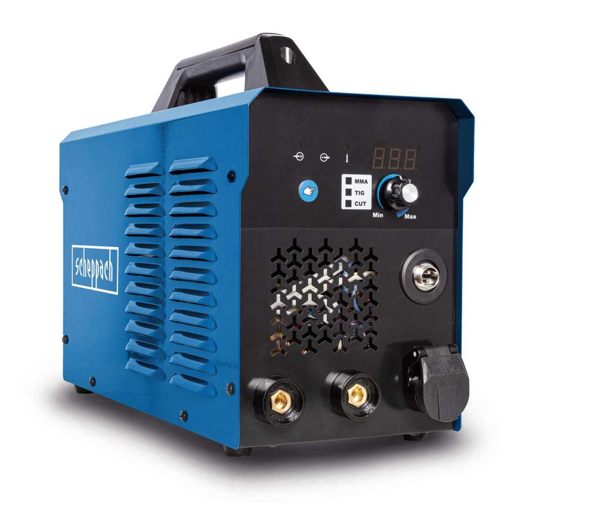 3in1 Kombi-Schweißgerät WSE4000-CUT Scheppach, Ansicht von hinten. Das Gerät verfügt über digitale Anzeige, verschiedene Anschlüsse und Lüftungsschlitze.