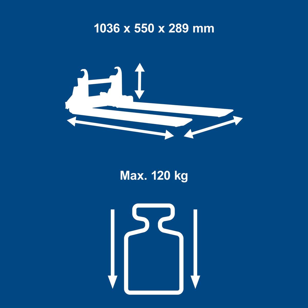 Technische Daten: Maße 1036 × 550 × 289 mm, Maximalgewicht 120 kg