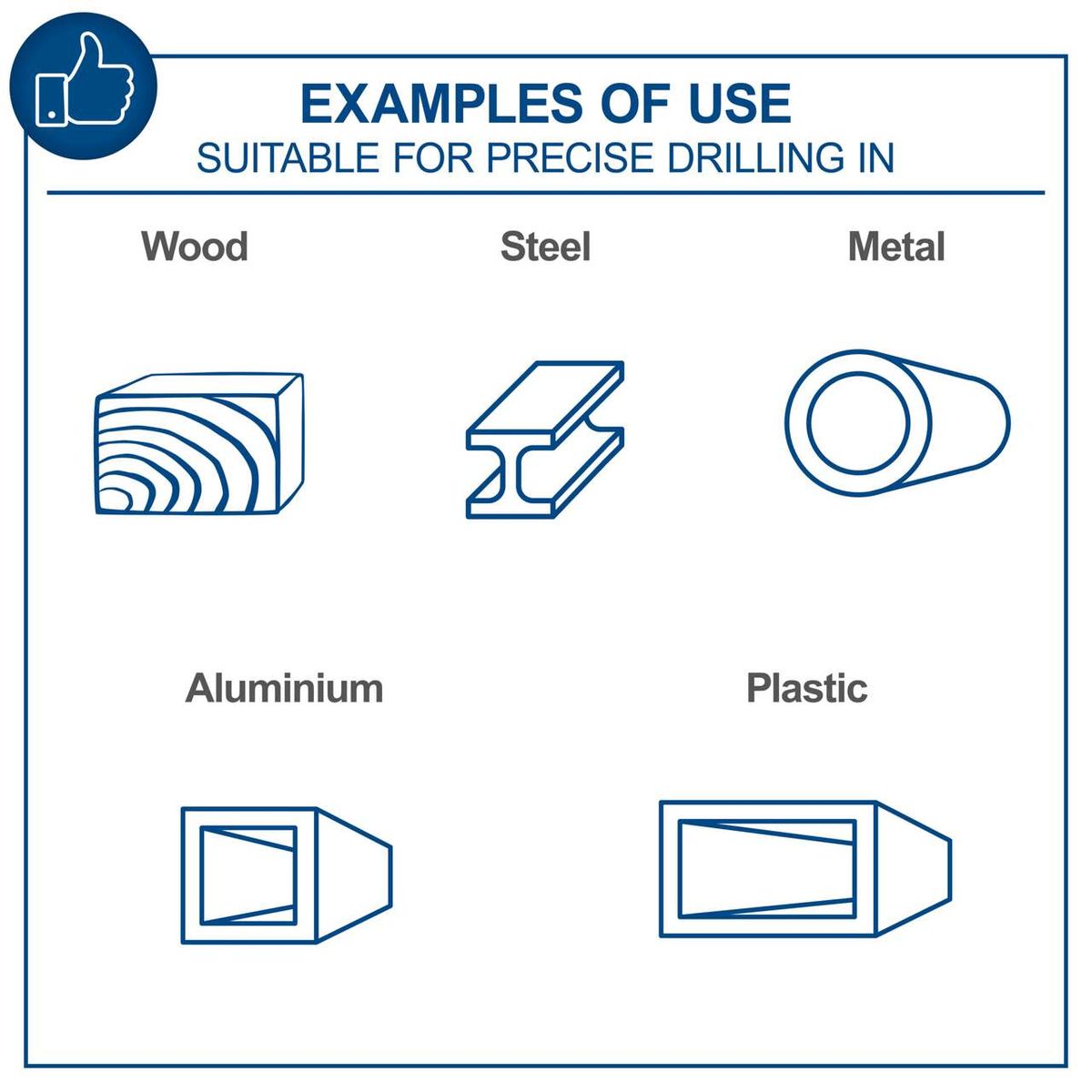 Examples of precise drilling in different materials: wood, metal, steel, aluminium, plastic