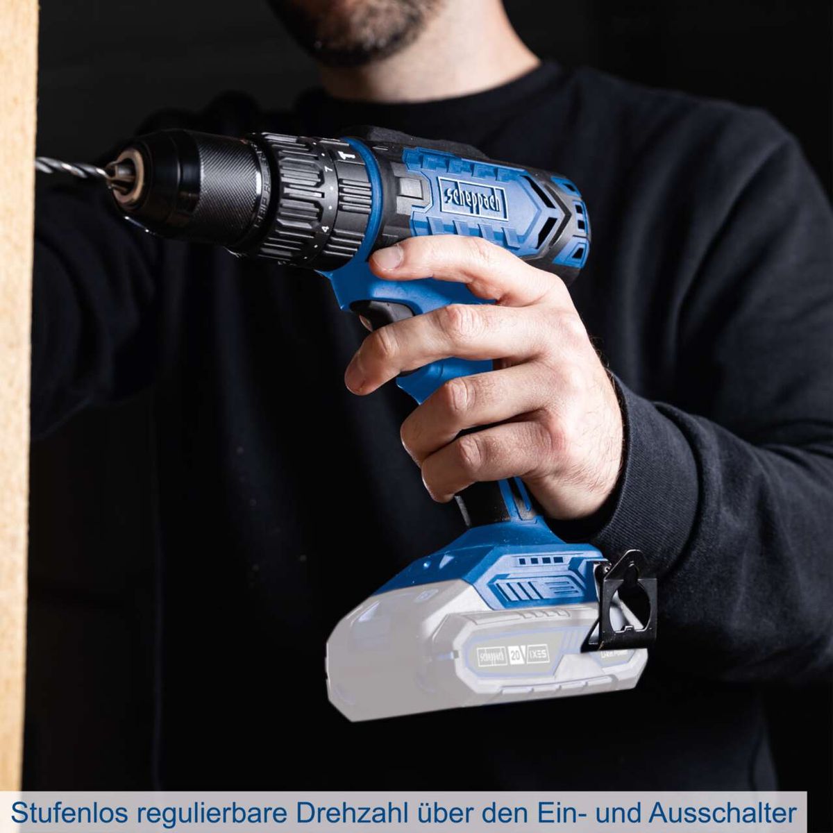 Die Akku-Schlagbohrmaschine C-CD45-X von Scheppach bietet eine stufenlos regulierbare Drehzahl über den Ein- und Ausschalter. Sie verfügt über ein Drehmoment von 45Nm und 19+1 Drehmomentstufen.