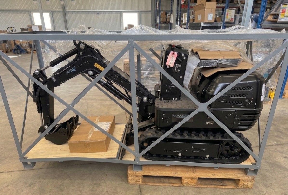 Scheppach-Bagger mit Krähenarm auf Palette, Lagerware