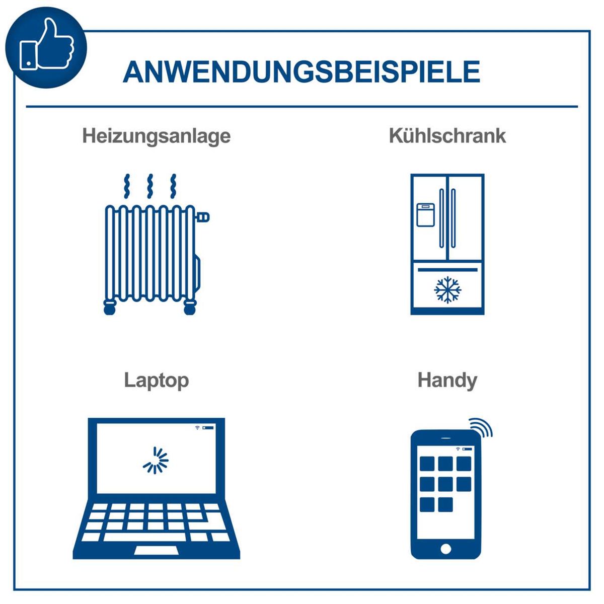 Anwendungsbeispiele für Heizungsanlage und Kühlschrank mit Smartphone- und Laptop-Iconen für Inverter-Generator-Funktionen